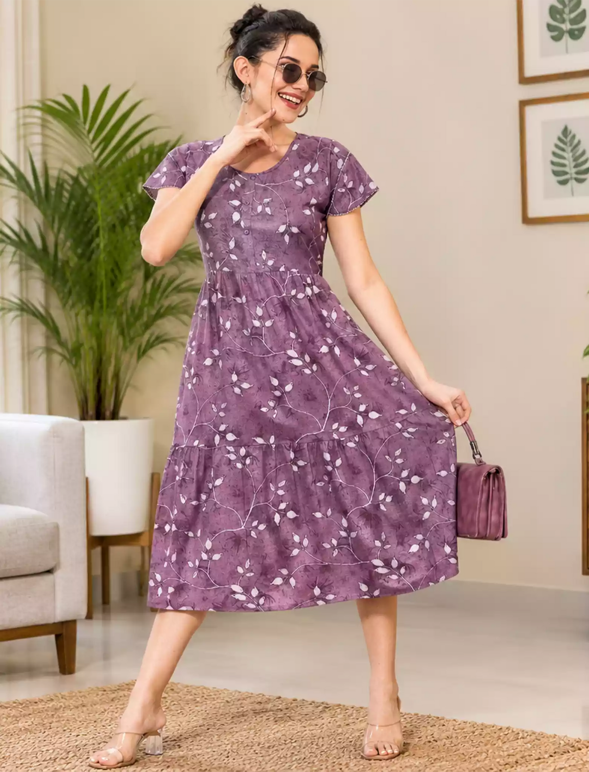 Alpine Petal Sleeve Floral Printed Maxi Dress Elegance - Mangai Nighties