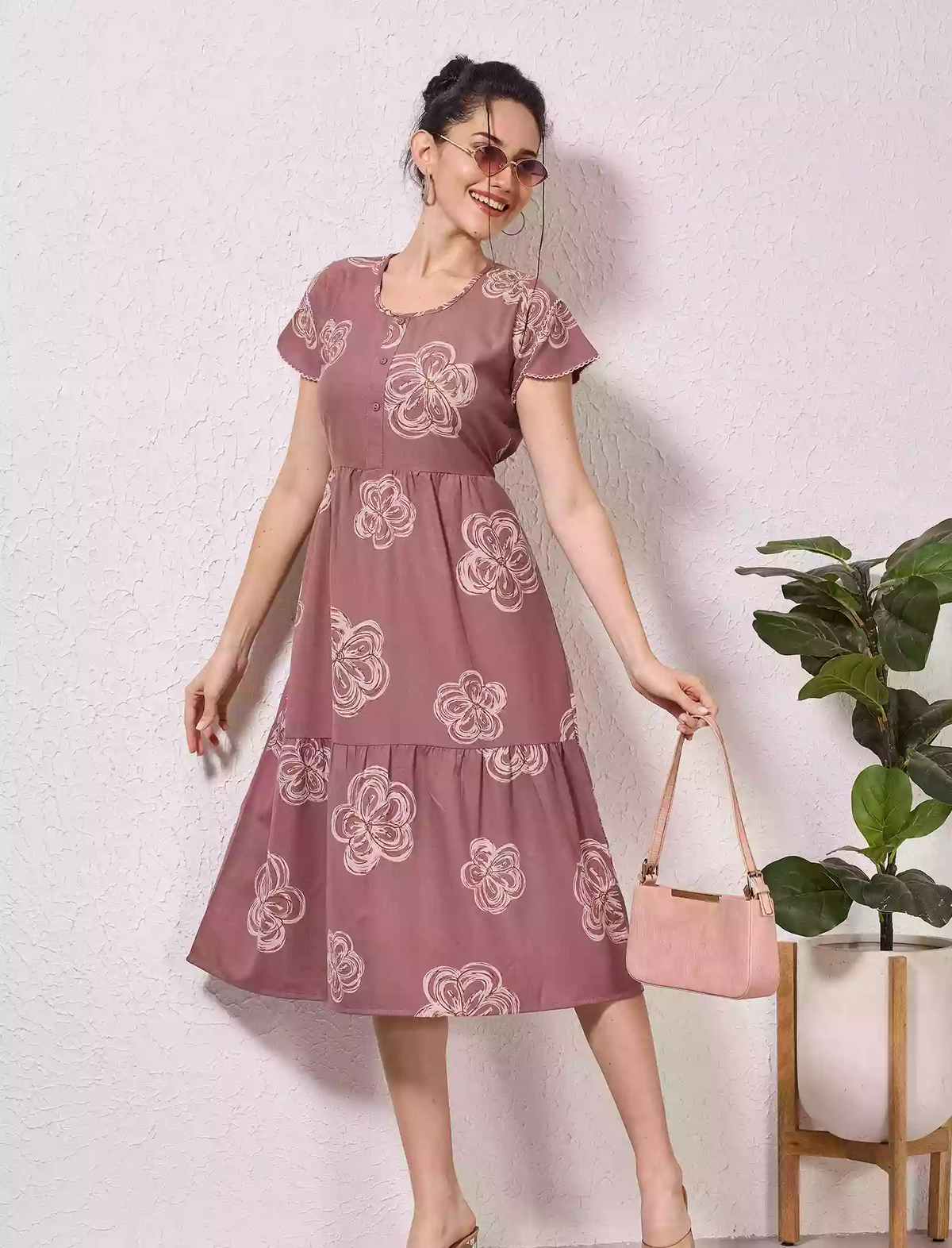 Alpine Petal Sleeve Floral Print Maxi Dress Fit with Back Tie - Mangai Nighties