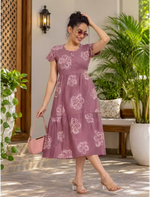 Alpine Petal Sleeve Floral Print Maxi Dress Fit with Back Tie - Mangai Nighties