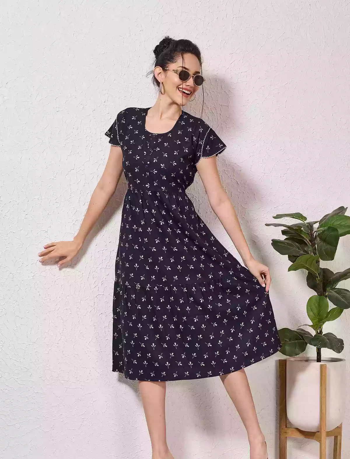 Alpine Petal Sleeve Floral Print Maxi Dress Fit with Back Tie - Mangai Nighties