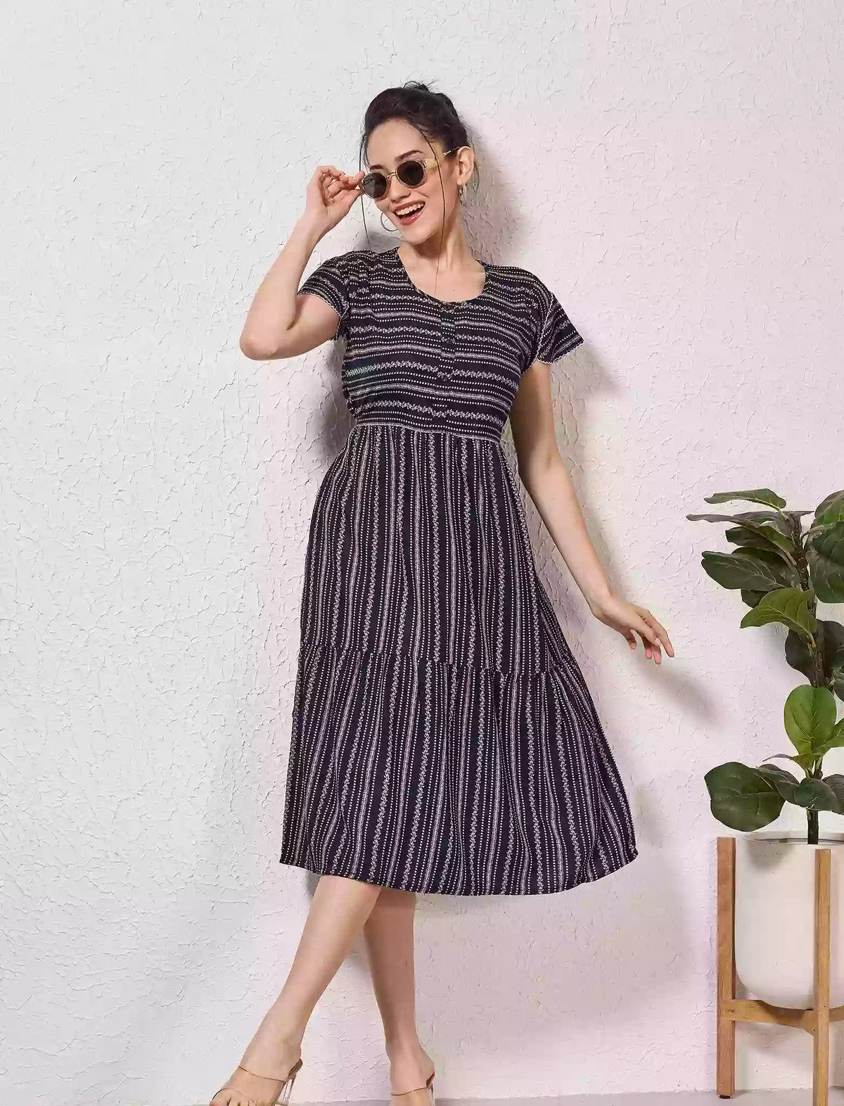 Alpine Petal Sleeve Floral Print Maxi Dress Fit - Mangai Nighties