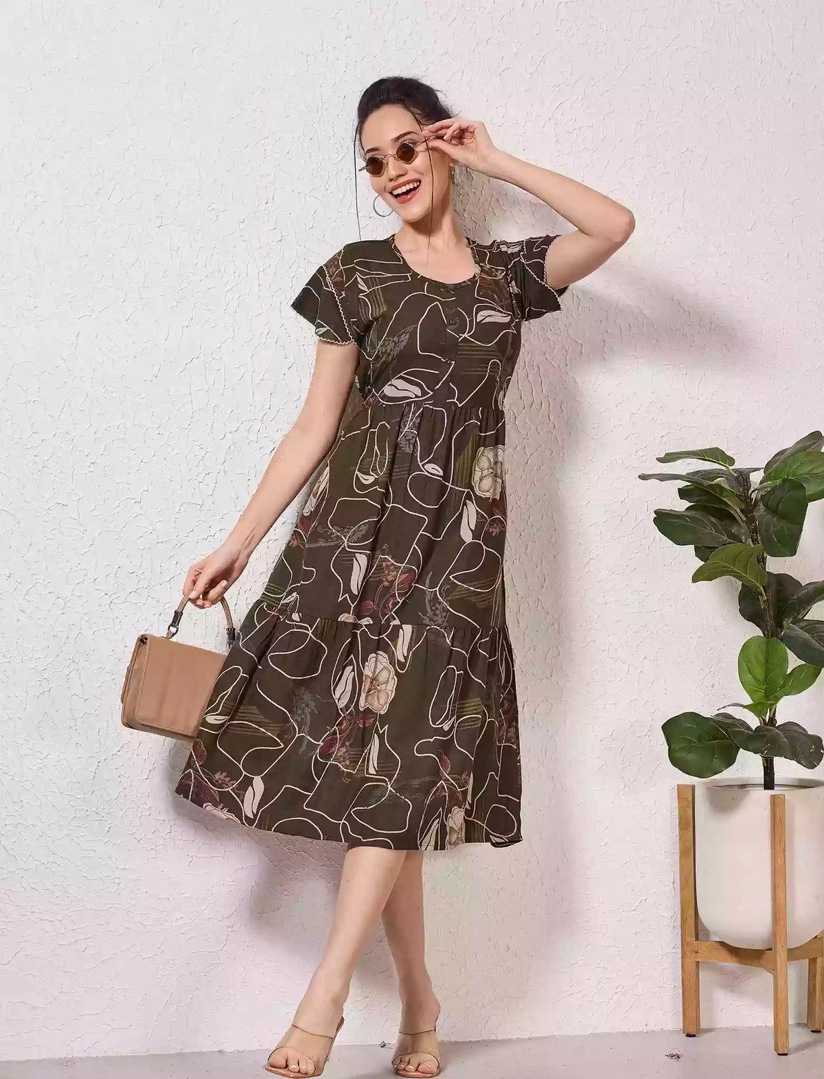 Alpine Petal Sleeve Printed Maxi Dress with Side Pocket - Mangai Nighties