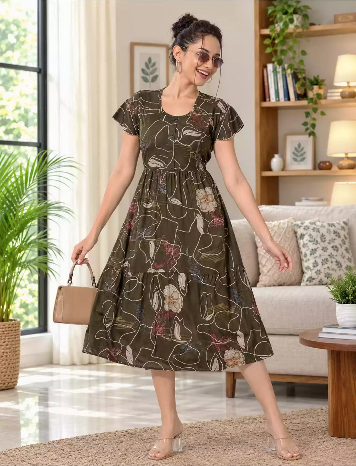 Alpine Petal Sleeve Printed Maxi Dress with Side Pocket - Mangai Nighties