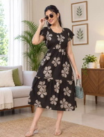 Alpine Petal Sleeve Printed Maxi Dress Elegance! - Mangai Nighties