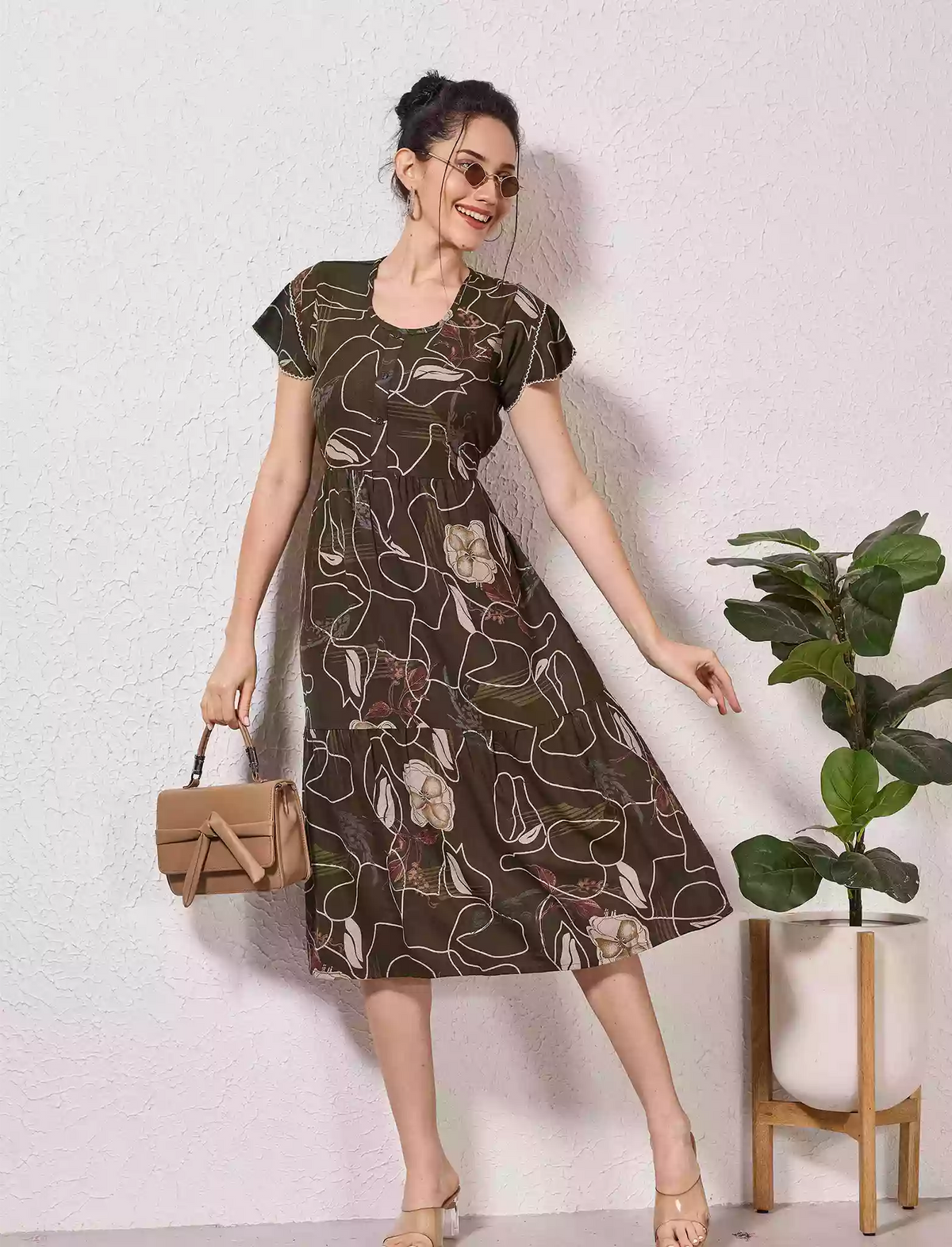 Alpine Petal Sleeve Printed Maxi Dress with Side Pocket - Mangai Nighties