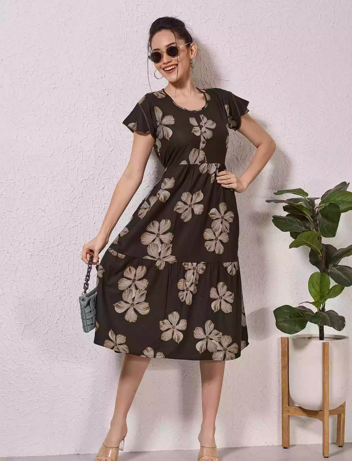 Alpine Petal Sleeve Printed Maxi Dress Elegance! - Mangai Nighties