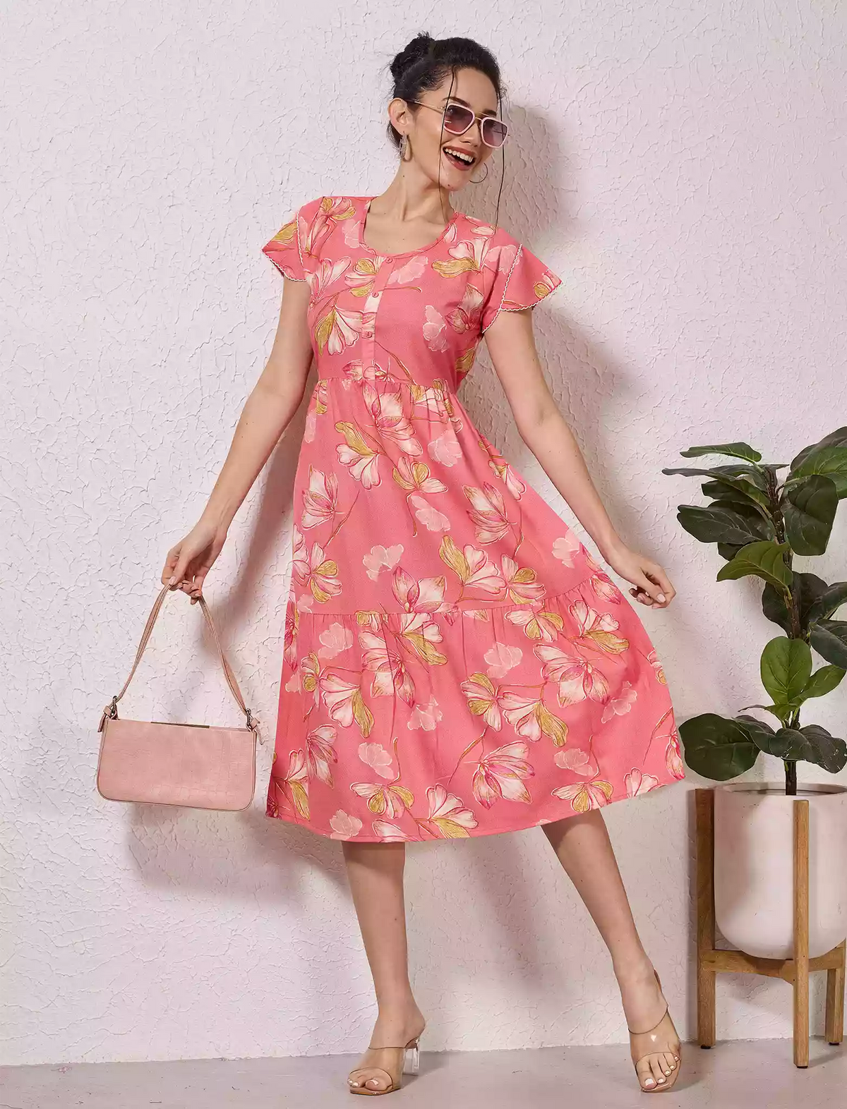 Alpine Petal Sleeve Floral Printed Maxi Dress Side Pocket - Mangai Nighties
