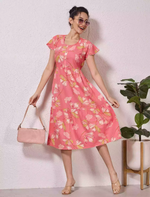 Alpine Petal Sleeve Floral Printed Maxi Dress Side Pocket - Mangai Nighties