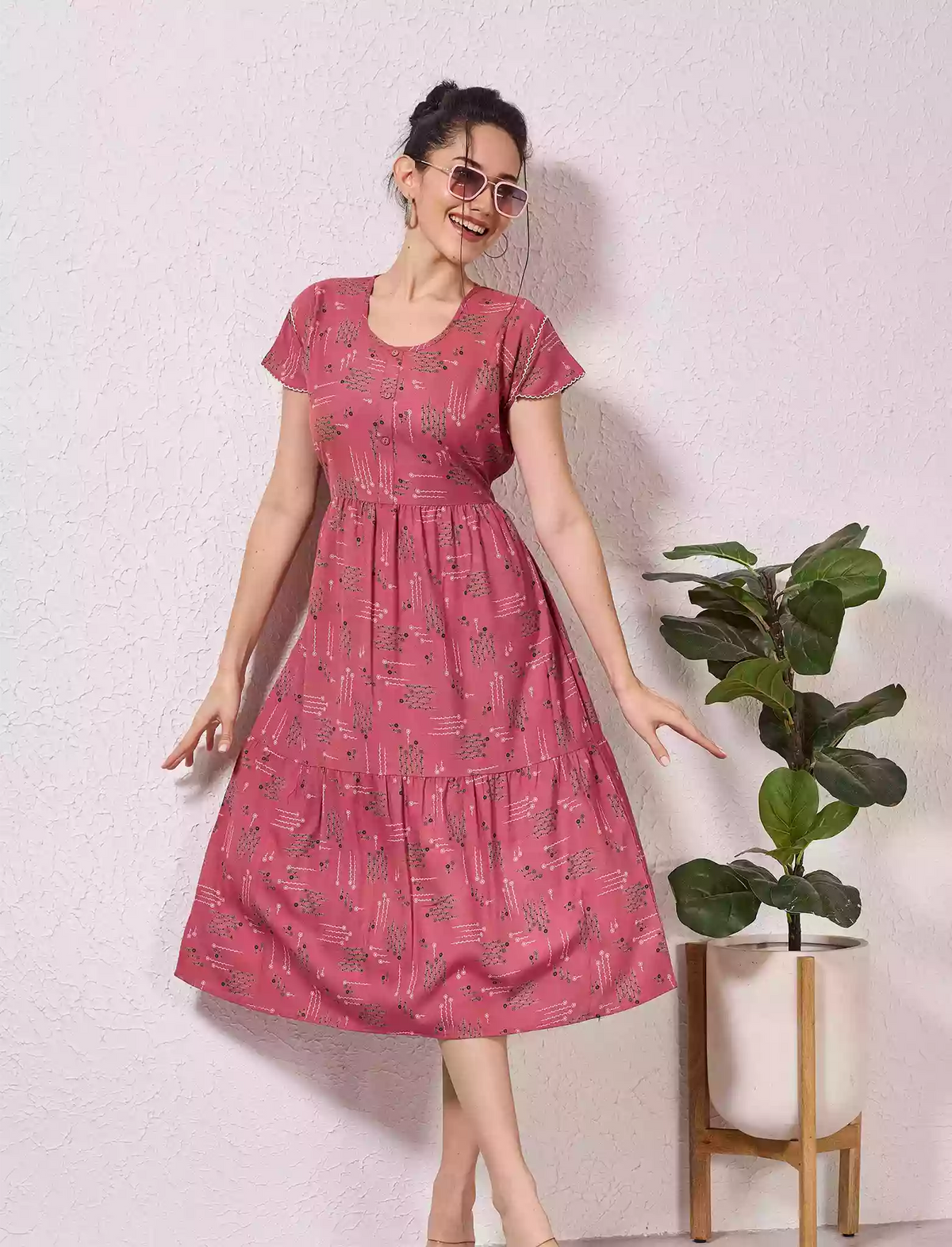 Alpine Geometric Print Maxi Dress Petal Sleeve for Mangai Nighties