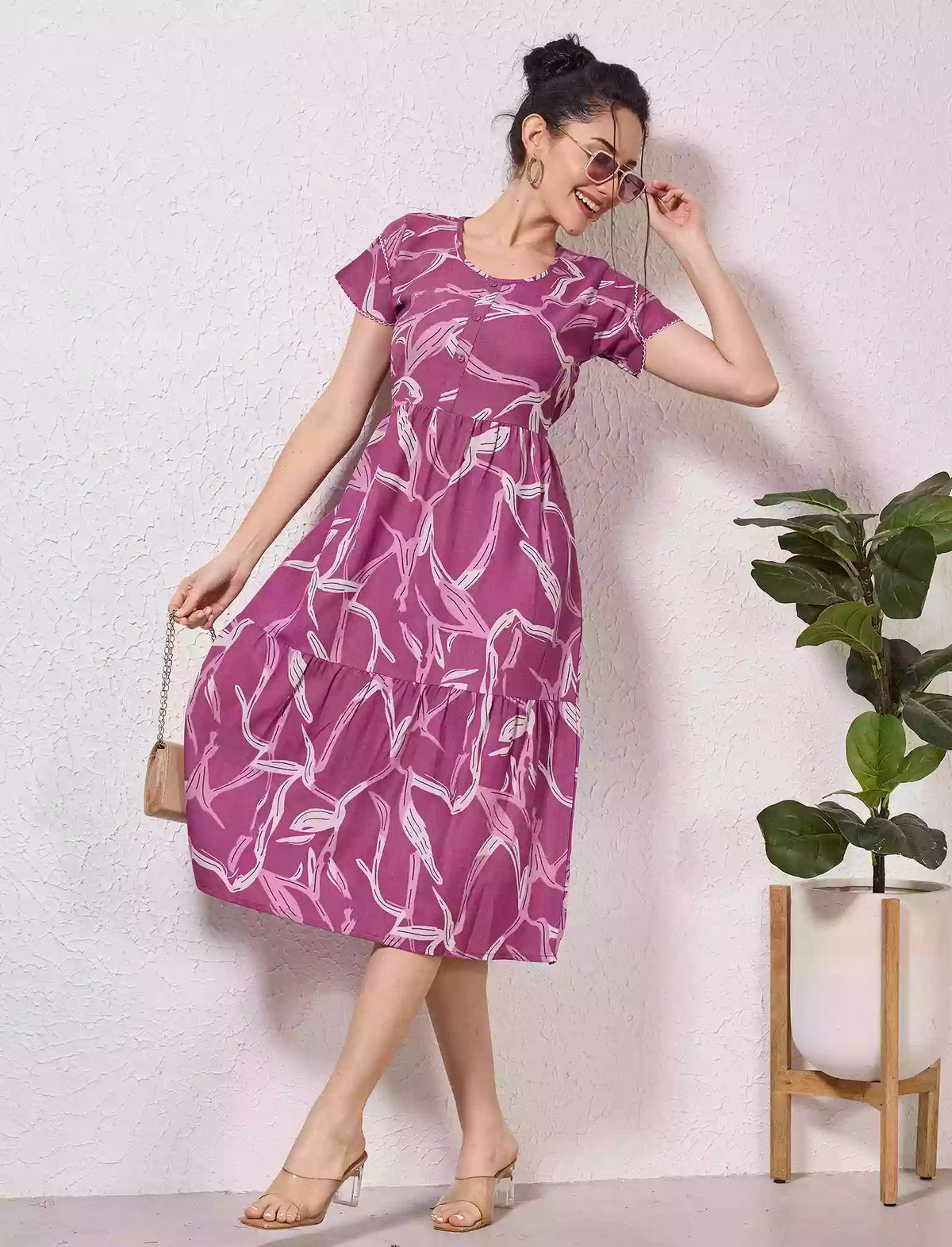 Alpine Petal Sleeve Floral Print Maxi Dress Fit - Mangai Nighties