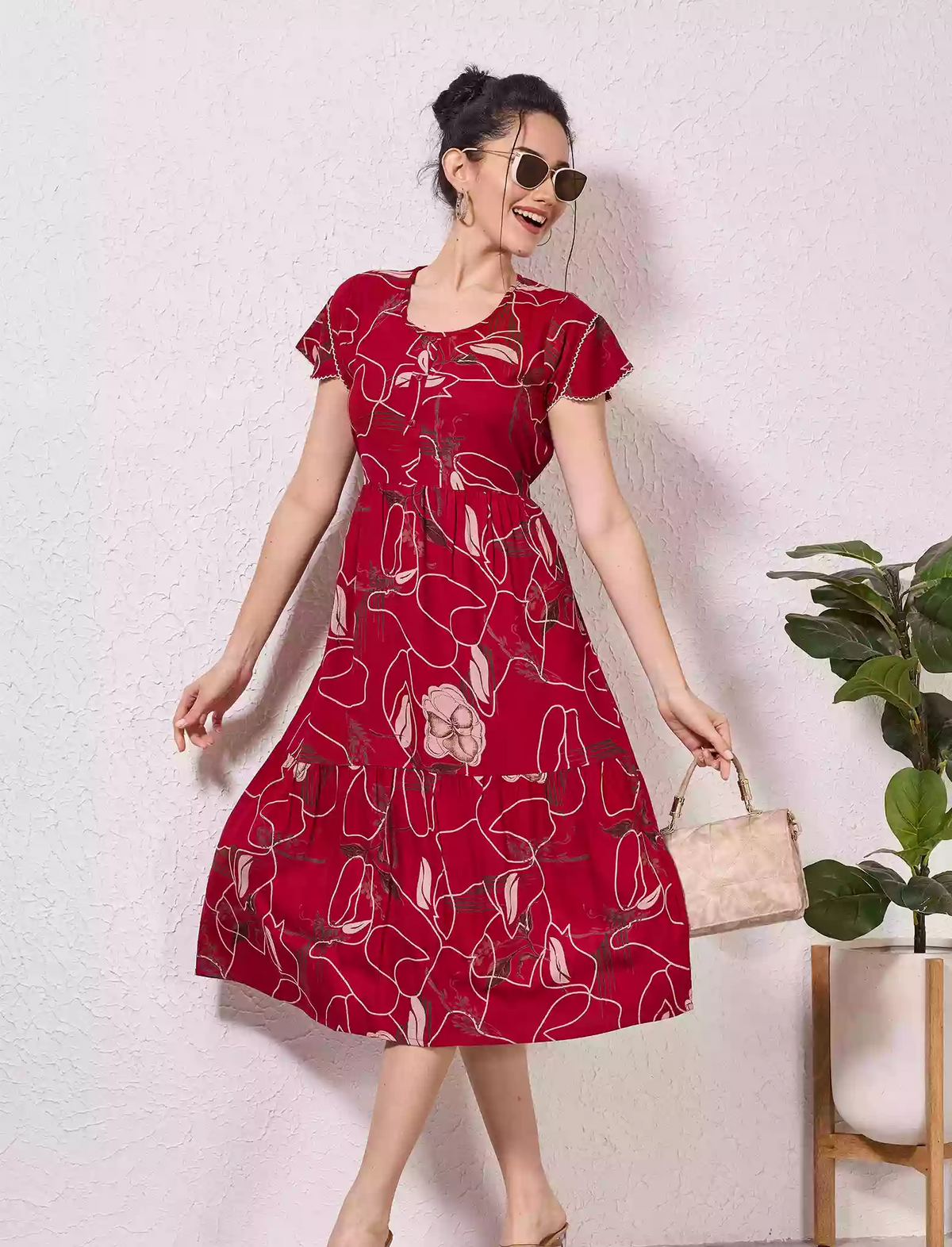 Alpine Petal Sleeve Printed Maxi Dress with Side Pocket - Mangai Nighties
