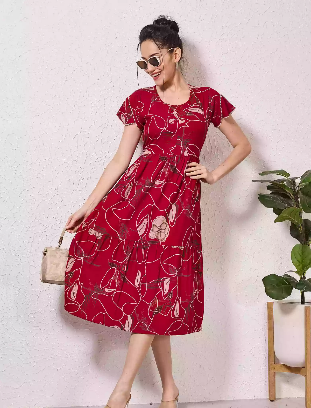 Alpine Petal Sleeve Printed Maxi Dress with Side Pocket - Mangai Nighties