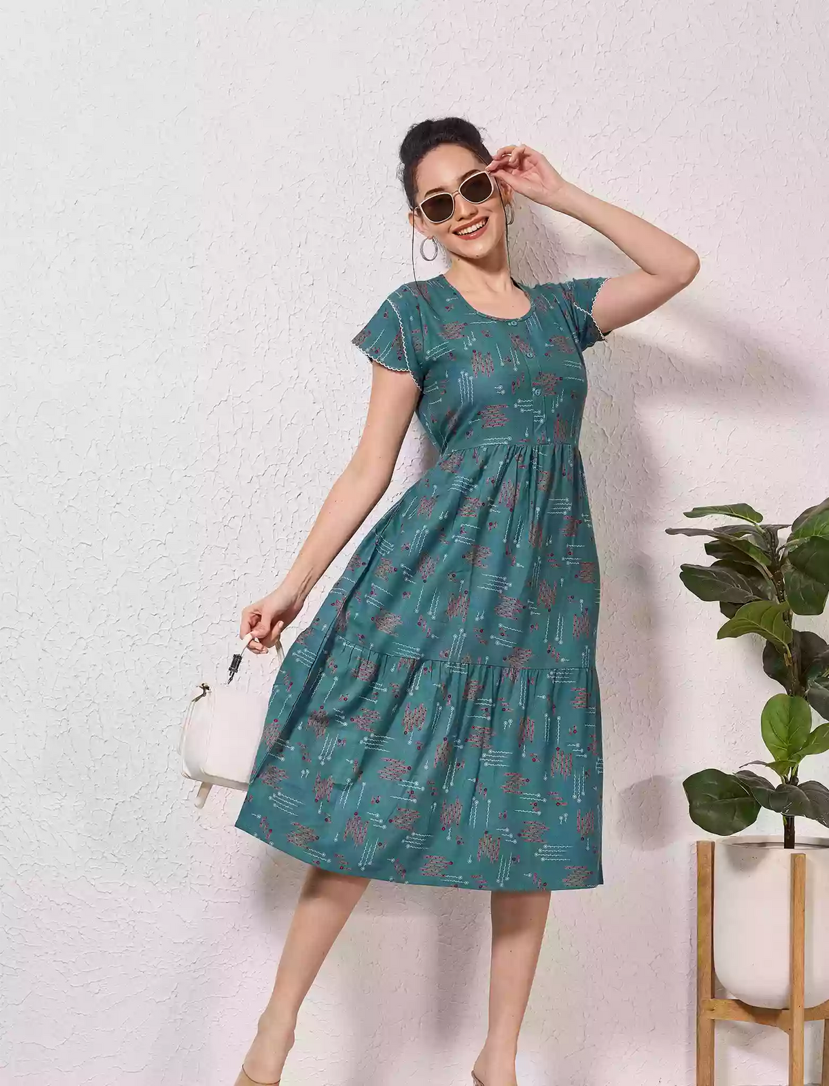 Alpine Geometric Print Maxi Dress Petal Sleeve for Mangai Nighties