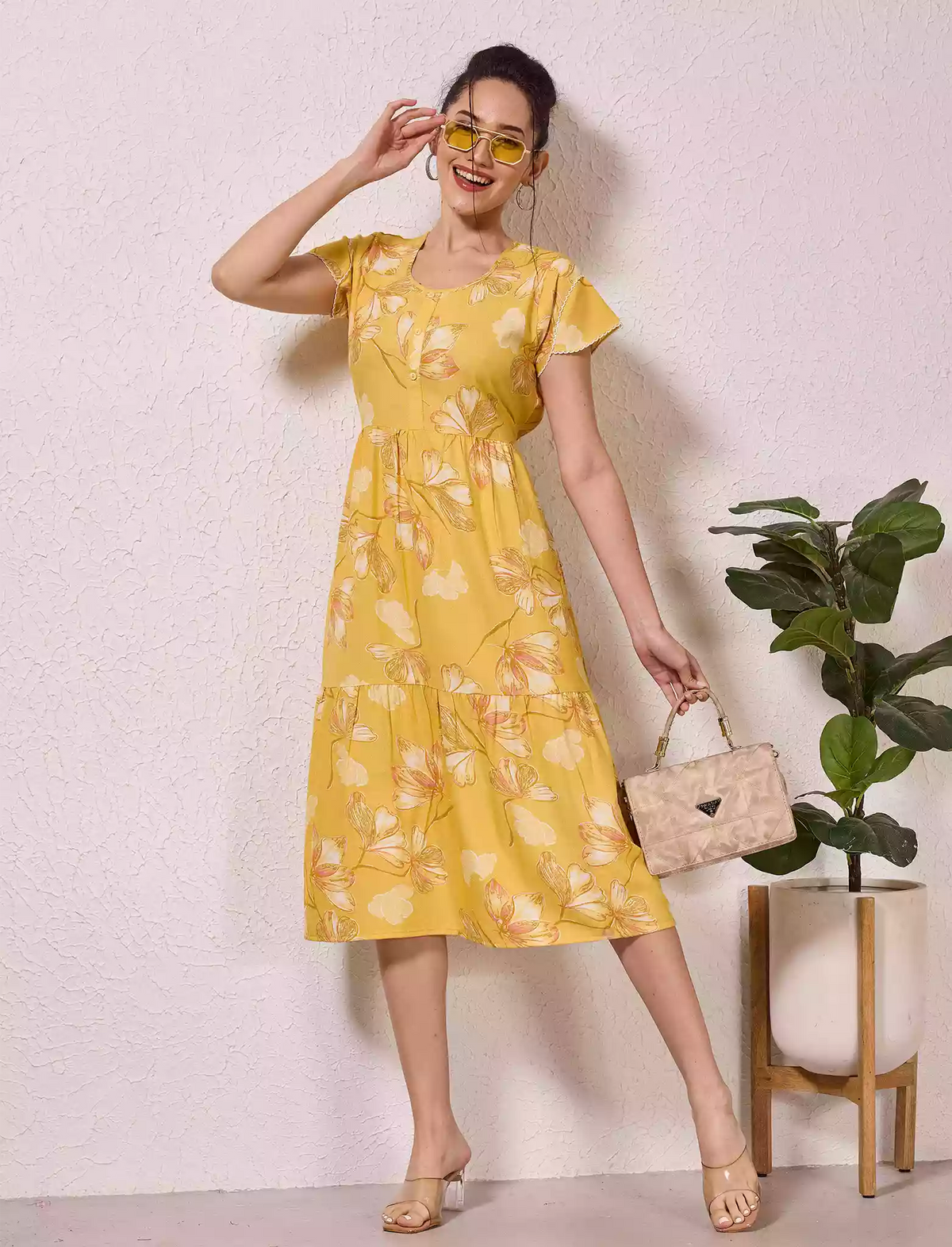 Alpine Petal Sleeve Floral Printed Maxi Dress Side Pocket - Mangai Nighties