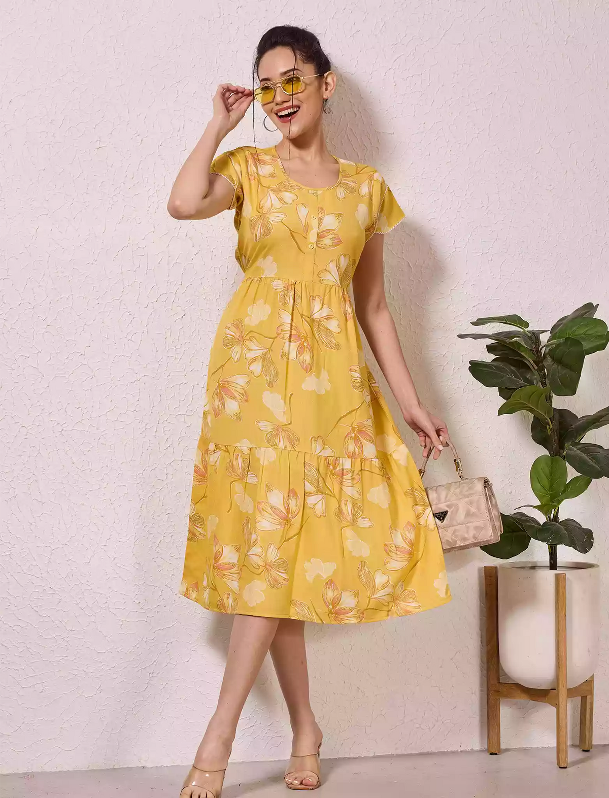 Alpine Petal Sleeve Floral Printed Maxi Dress Side Pocket - Mangai Nighties