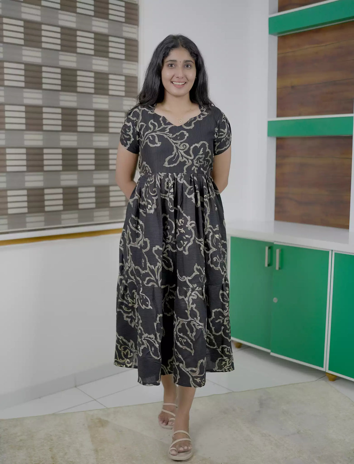 Botanical Printed Black Flared Rayon Maxi Frock with Stylish Sleeve - Mangai Nighties
