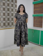 Botanical Printed Black Flared Rayon Maxi Frock with Stylish Sleeve - Mangai Nighties