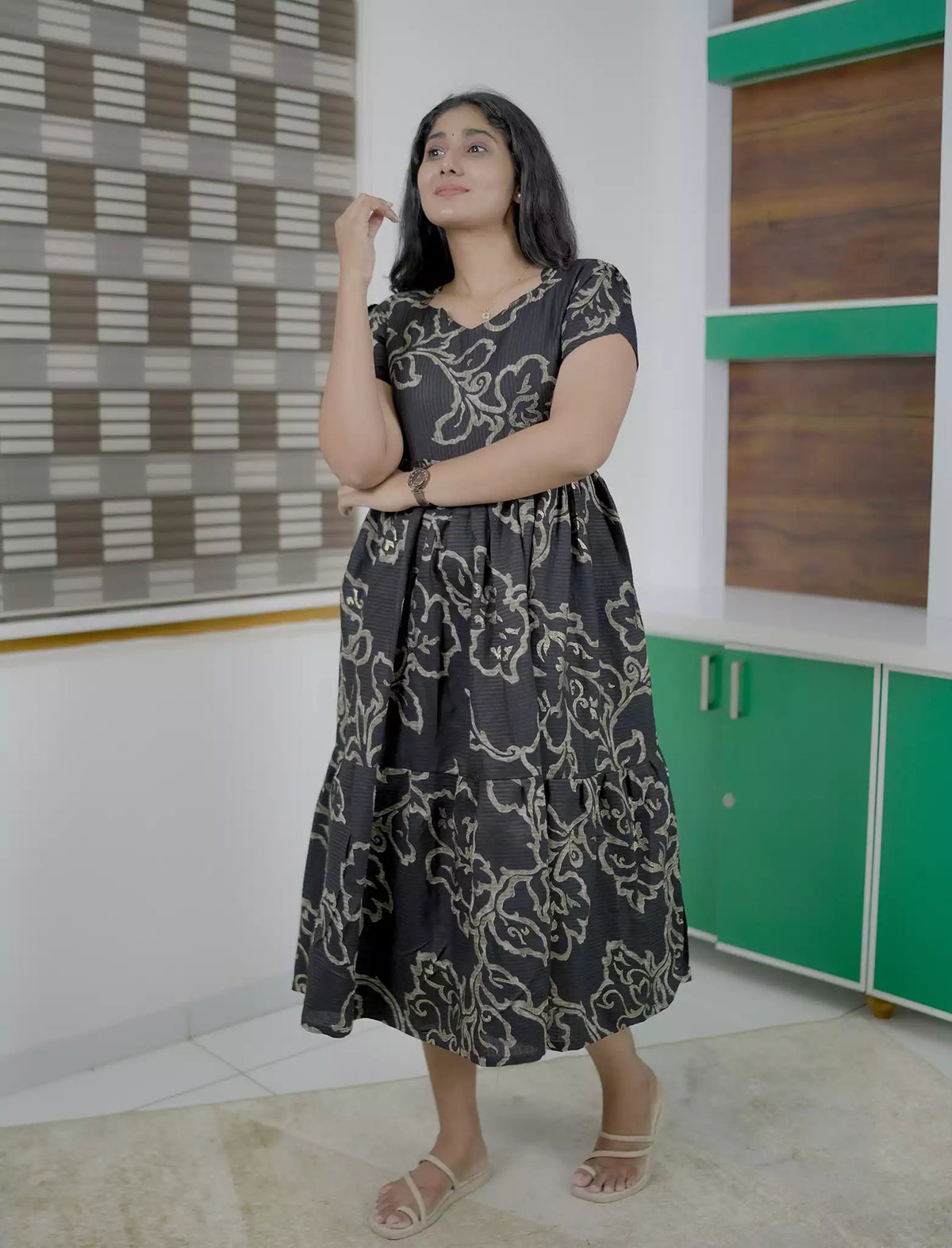 Botanical Printed Black Flared Rayon Maxi Frock with Stylish Sleeve - Mangai Nighties