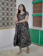 Botanical Printed Black Flared Rayon Maxi Frock with Stylish Sleeve - Mangai Nighties