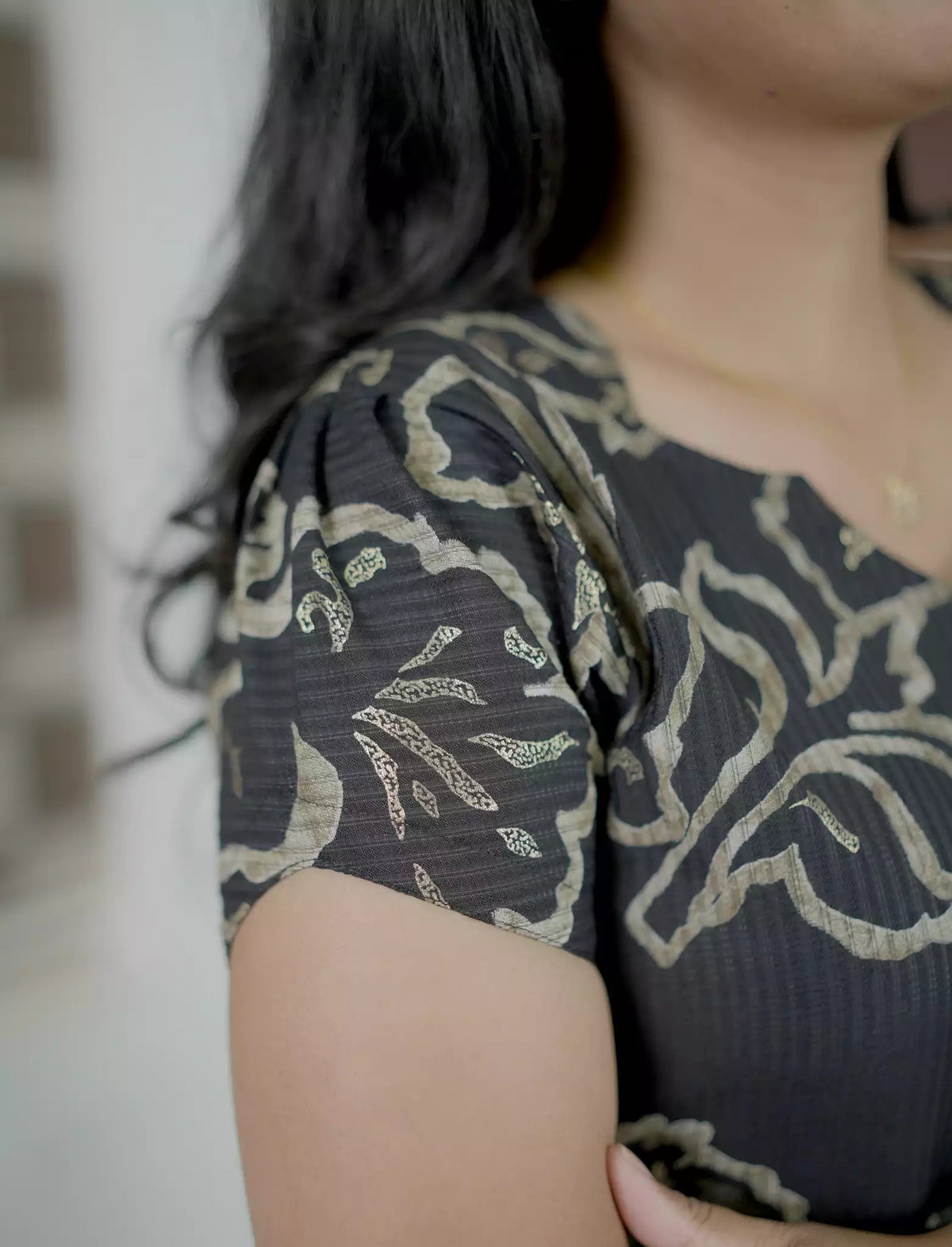 Botanical Printed Black Flared Rayon Maxi Frock with Stylish Sleeve - Mangai Nighties