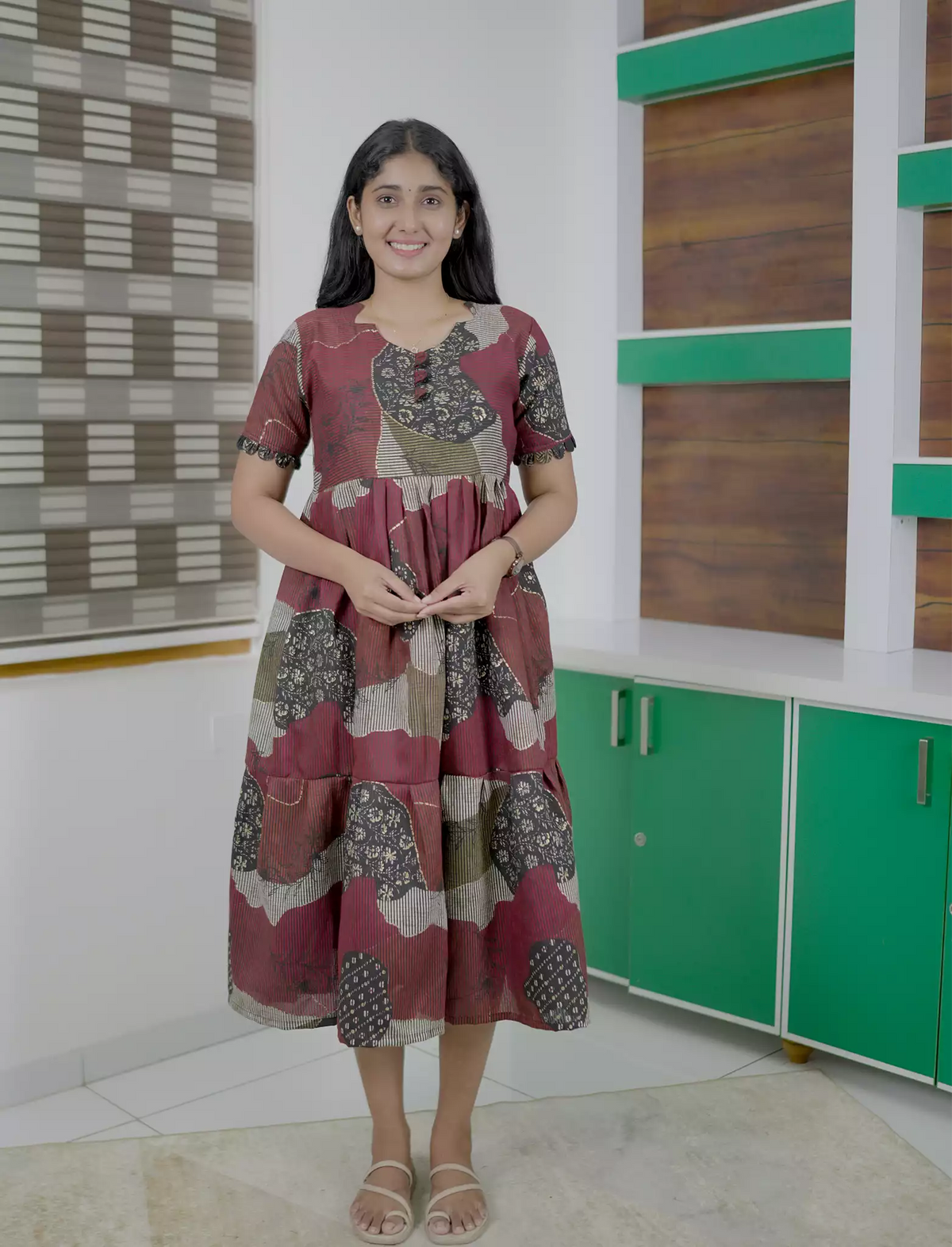 Ethnic Abstract Motif Print Rayon Berlin Maxi Frock with Scallop Sleeves Mangai Nighties
