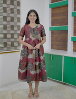 Ethnic Abstract Motif Print Rayon Berlin Maxi Frock with Scallop Sleeves Mangai Nighties