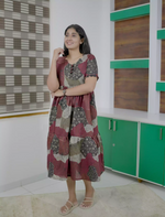 Ethnic Abstract Motif Print Rayon Berlin Maxi Frock with Scallop Sleeves Mangai Nighties