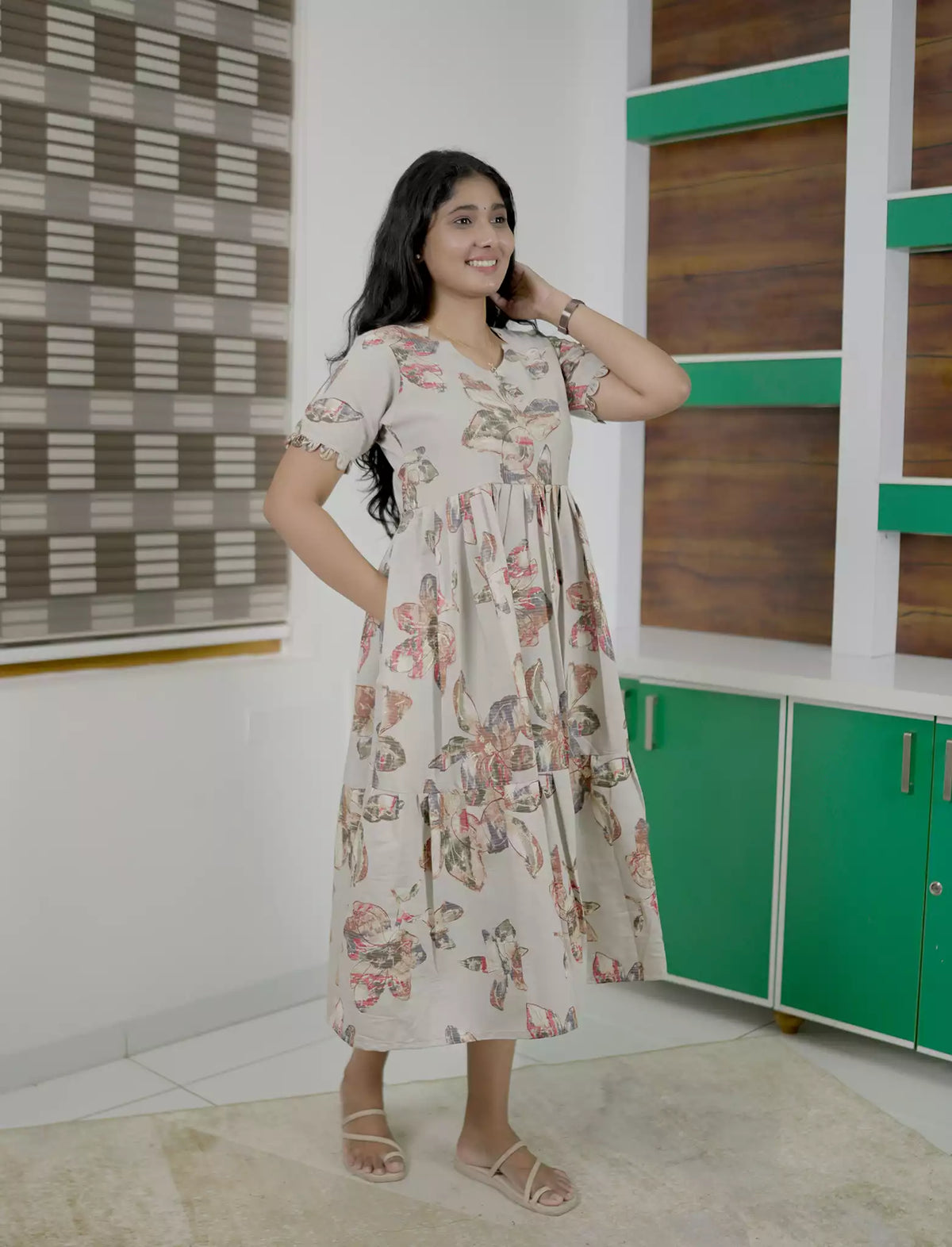 Abstract Floral Printed Berlin Maxi Frock with Back Tie Rope - Mangai Nighties