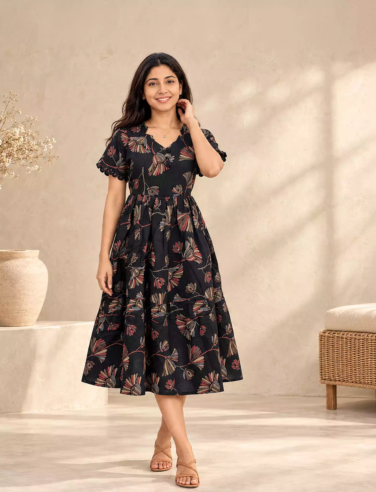 Botanical Print Rayon Berlin Maxi Frock with Scallop Sleeves Mangai Nighties