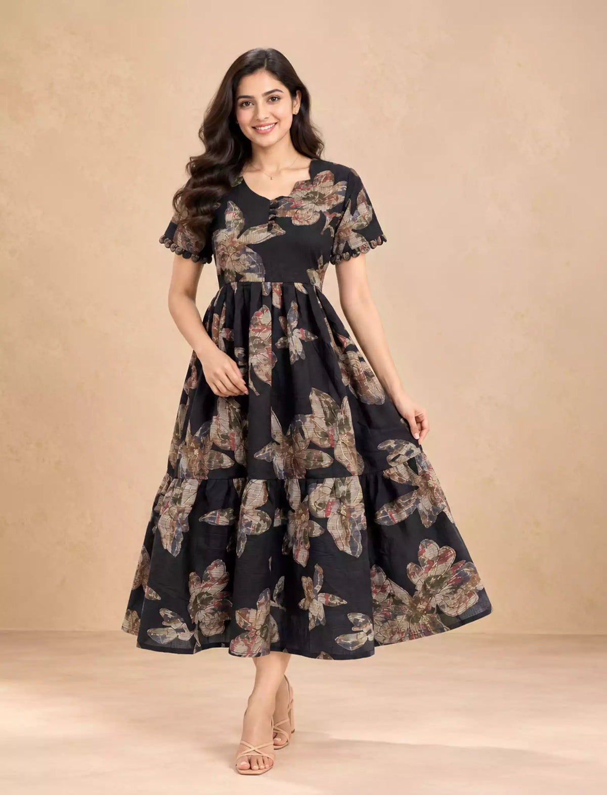 Abstract Floral Printed Berlin Maxi Frock with Back Tie Rope - Mangai Nighties