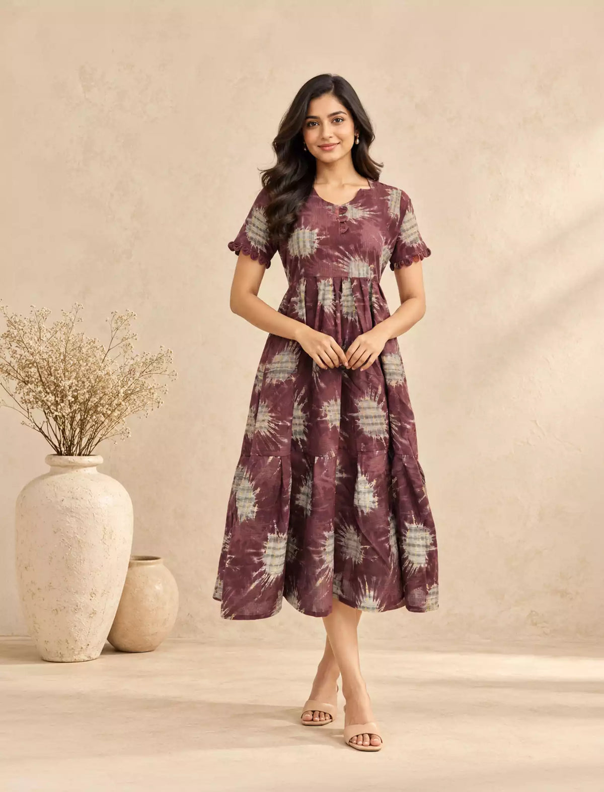 Abstract Print Festive Wear Rayon Berlin Maxi Frock with Scallop Sleeve Mangai Nighties