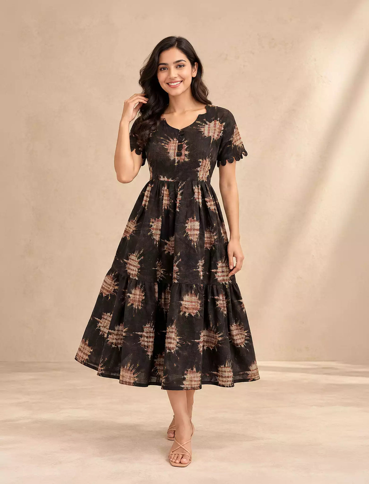 Abstract Print Festive Wear Rayon Berlin Maxi Frock with Scallop Sleeve Mangai Nighties