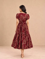 Botanical Printed Black Flared Rayon Maxi Frock with Stylish Sleeve - Mangai Nighties