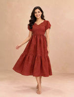 Bandhani Printed Maroon Flared Rayon Maxi Frock with Puff Sleeve - Mangai Nighties