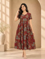 Festive Wear Floral Print Rayon Berlin Maxi Frock with Scallop Sleeve - Mangai Nighties