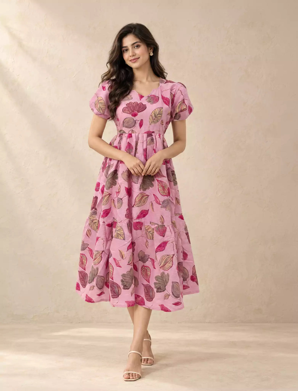 Floral Leaf Printed Pink Flared Rayon Maxi Frock with Puff Sleeve - Mangai Nighties