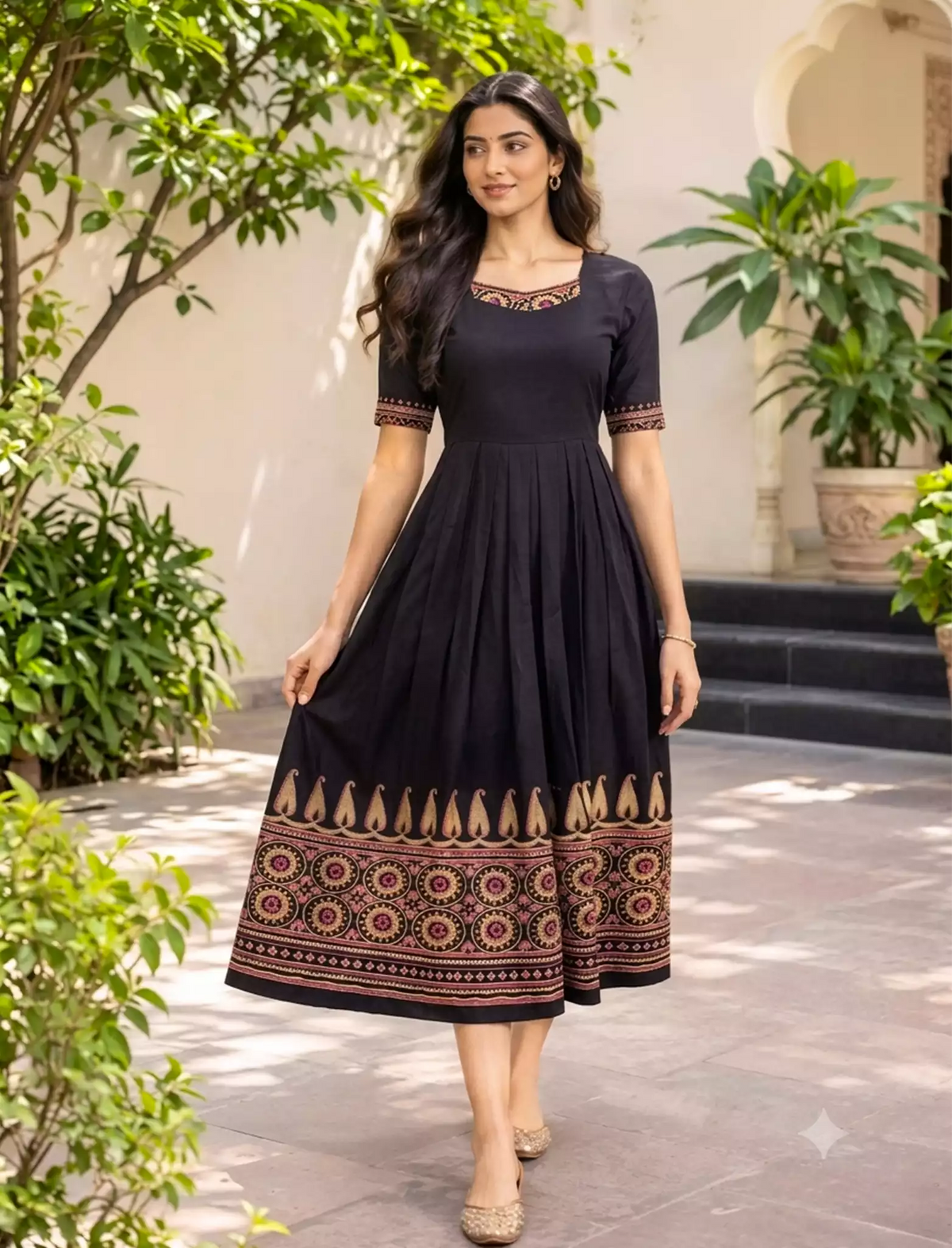Paisley Floral Print Festival Arrival Border Rayon Maxi Frock | Mangai Nighties