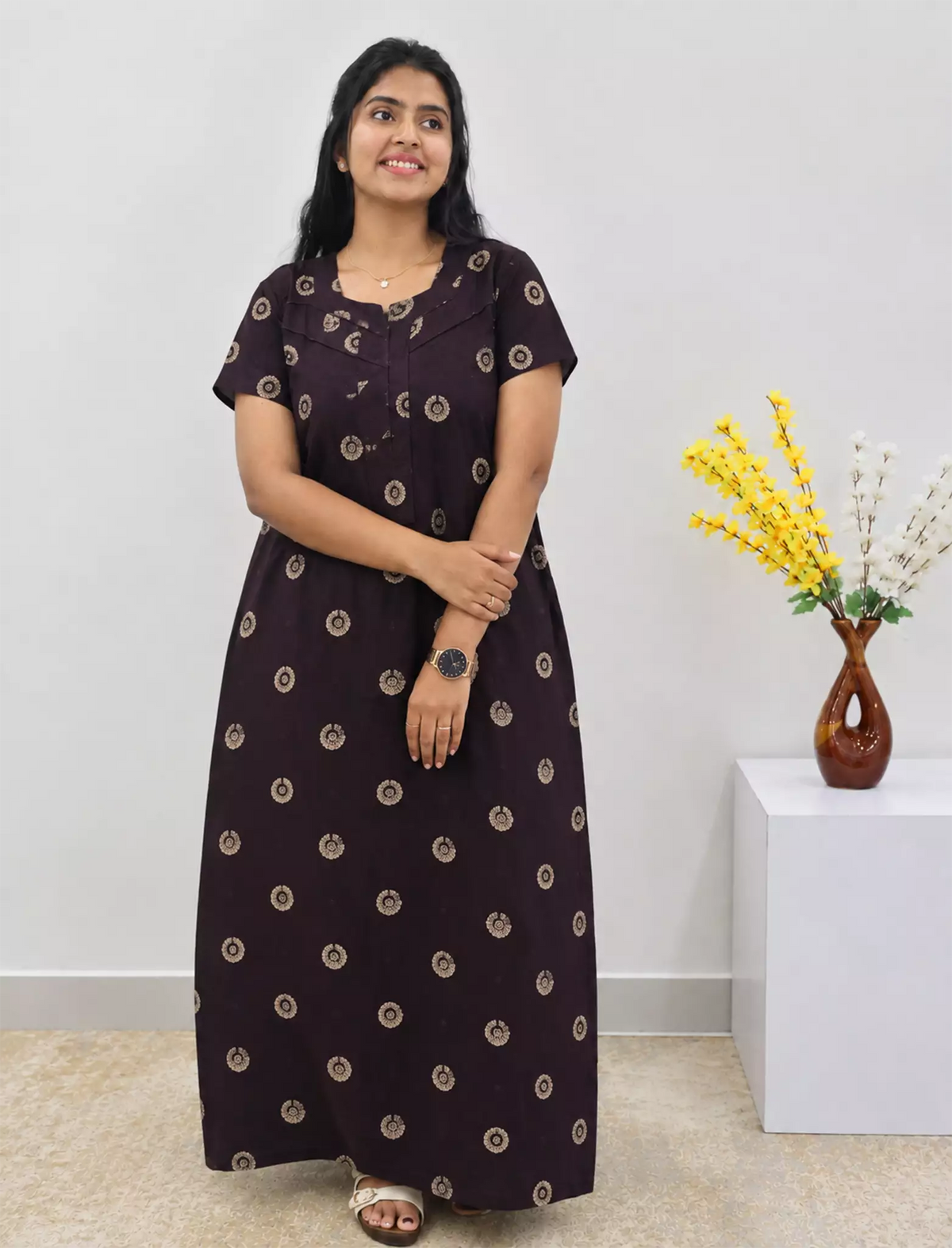 Cotton Printed Pleated Half Sleeve 5XL Nighty with Pocket | Mangai Nighties