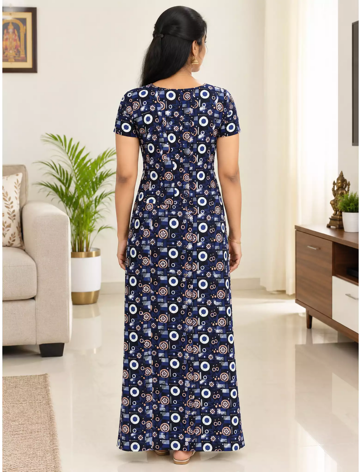 Women Geometric Printed Cotton Front Zip Nighty with Round Neck - Mangai Nighties
