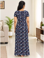 Women Geometric Printed Cotton Front Zip Nighty with Round Neck - Mangai Nighties