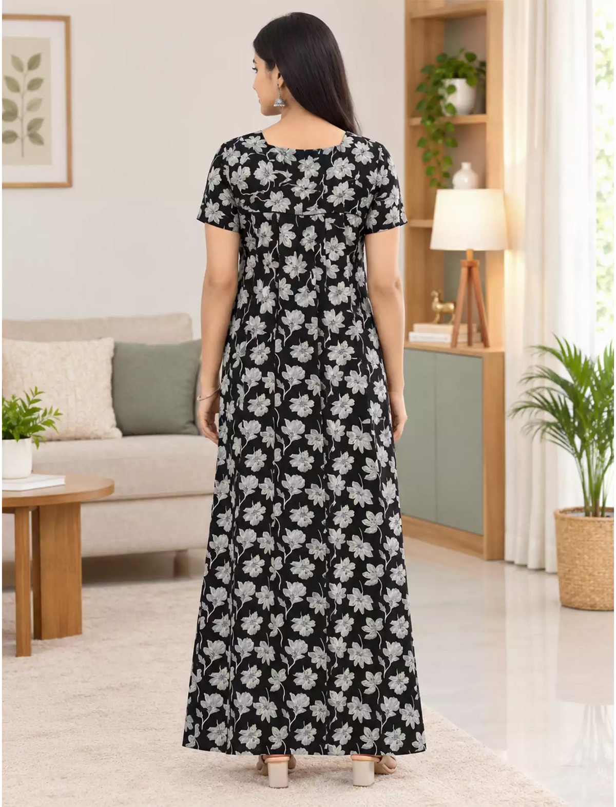 Floral Printed Cotton Front Zip Pleated Nighty With Side Pocket - Mangai Nighties