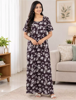 Floral Printed Cotton Front Zip Pleated Nighty With Side Pocket - Mangai Nighties