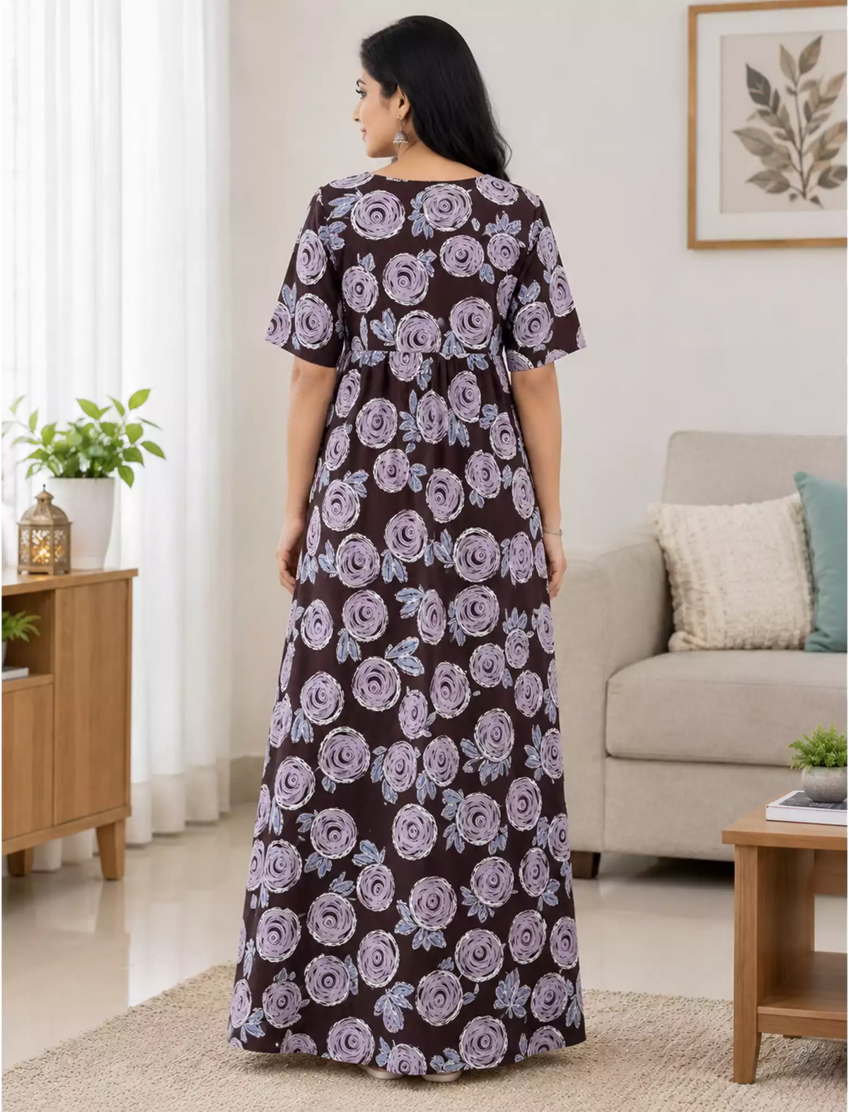 Cotton Swirl Floral Soft Zipper Front Nighty with Round Neck- Mangai Nighties