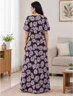 Cotton Swirl Floral Soft Zipper Front Nighty with Round Neck- Mangai Nighties