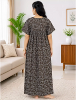 Leaf Printed Cotton Front Zip Pleated Nighty With Round Neck - Mangai Nighties