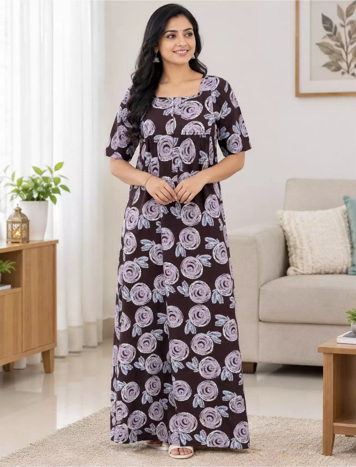 Cotton Swirl Floral Soft Zipper Front Nighty with Round Neck- Mangai Nighties