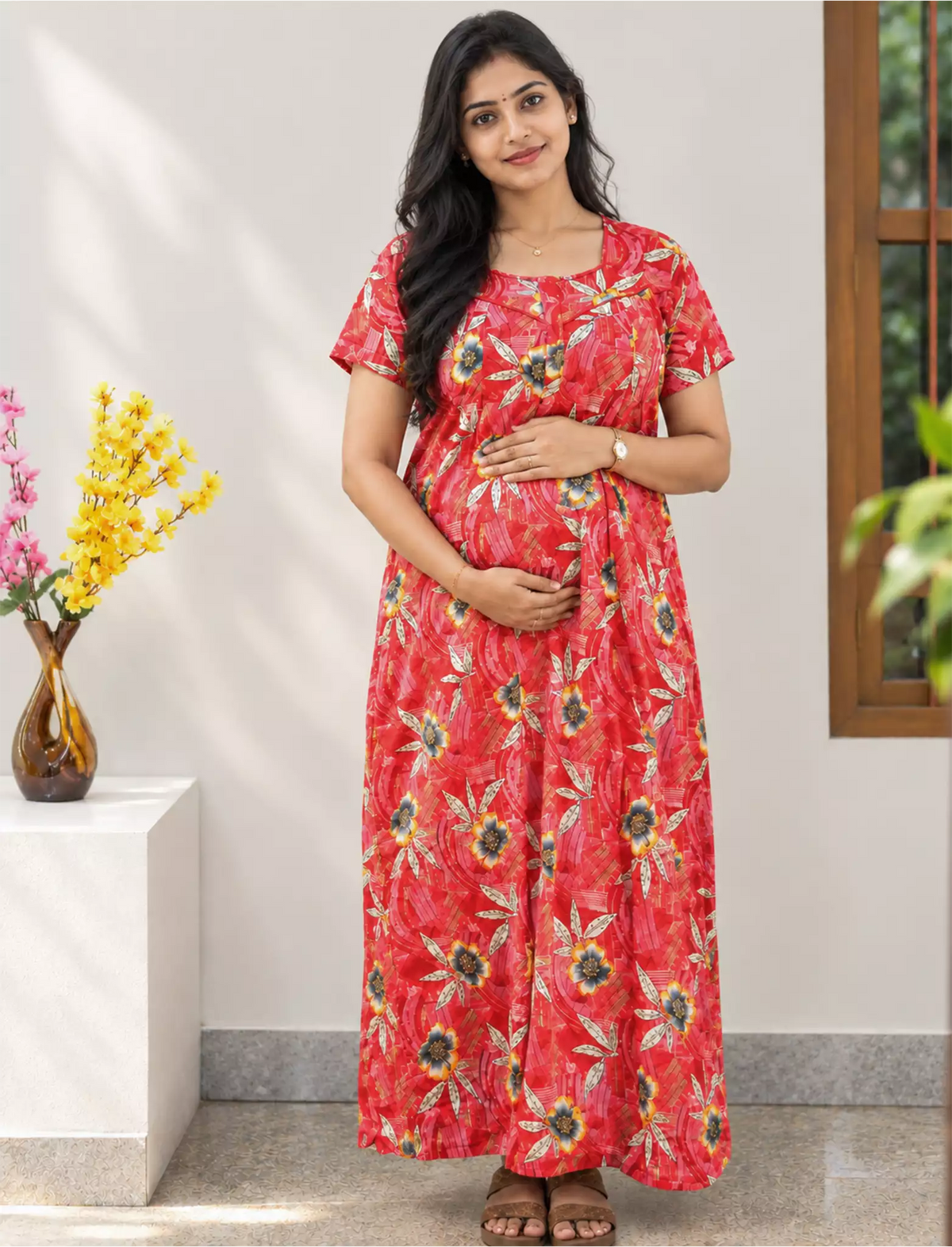Mangai Cotton Straight Feeding Nighty | Zip Pleated Nightwear
