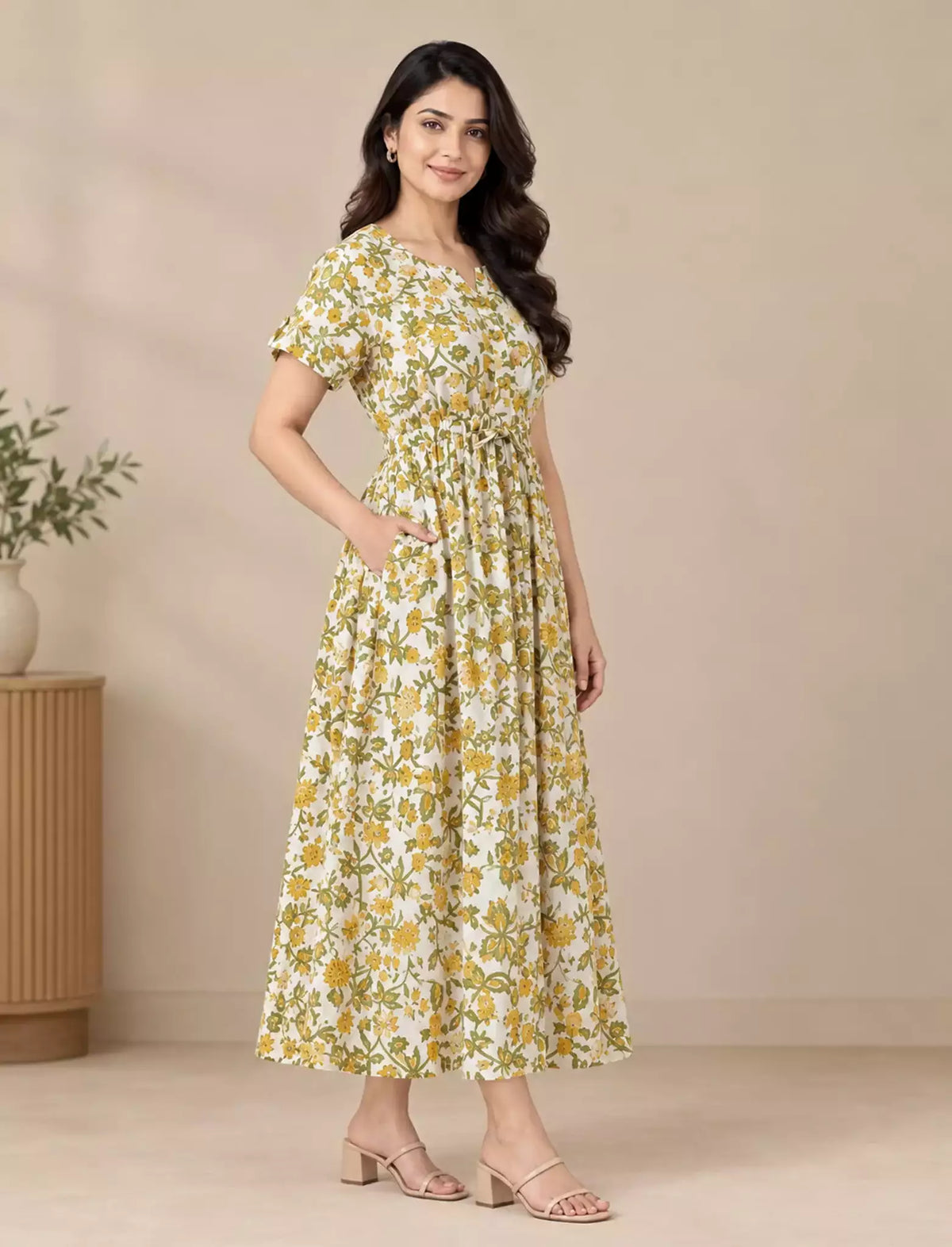 Floral Print Cotton Gathering Maxi with Closed Button| Mangai Nighties