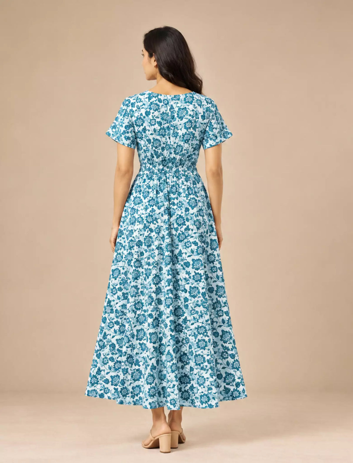 Blue Floral Printed Cotton Gathering Frock with Pocket Mangai Nighties