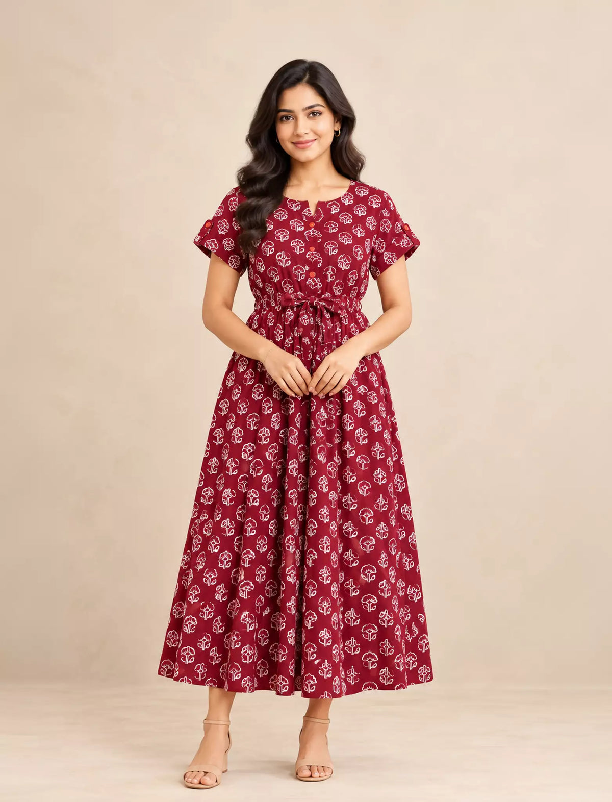 Maroon Printed Cotton Gathering Frock with Pocket Mangai Nighties